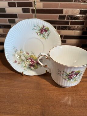 Vintage Porcelain Floral Teacup and Saucer Set - White with Pink Floral Accents